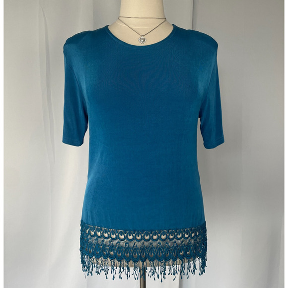 Vintage Top Size Large Blue Solid Lace Fringe Hem Boho Casual Stretch Y2K 90s - Picture 1 of 13